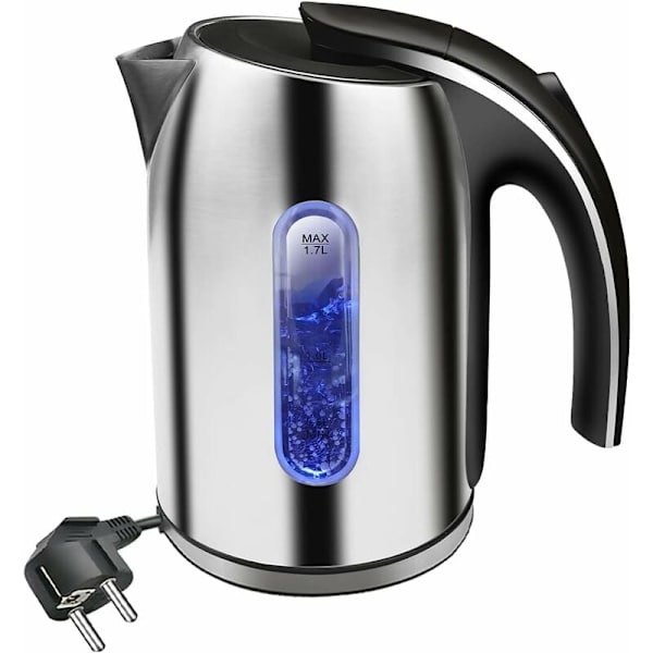 Rustfrit elektrisk kedel i rustfrit stål med LED-belysning, 1,7 liters kapacitet, Rustfrit stål elektrisk kedel, 2200W BPA-fri, Automatisk slukning og anti-kog-tør pro