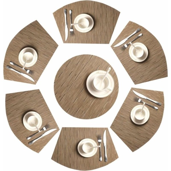 Set med 7 kilformade underlägg 1 rund vinyl tvättbar värmebeständig bordsmatta (Tan Bamboo)-