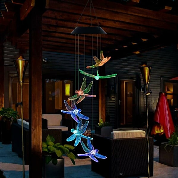 Solcelled Vindklokker Dragonfly Bevægelig LED Lys Farveskiftende til Havehave Vindklokker Lampe Tilbehør Hjem Decor (Tilfældig Farve)
