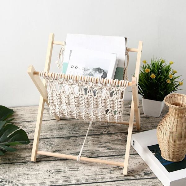 Boho tidningsställ, dekorativt macramé tidningsställ, förvaringskorg för servetter, bohemisk rustik dekoration