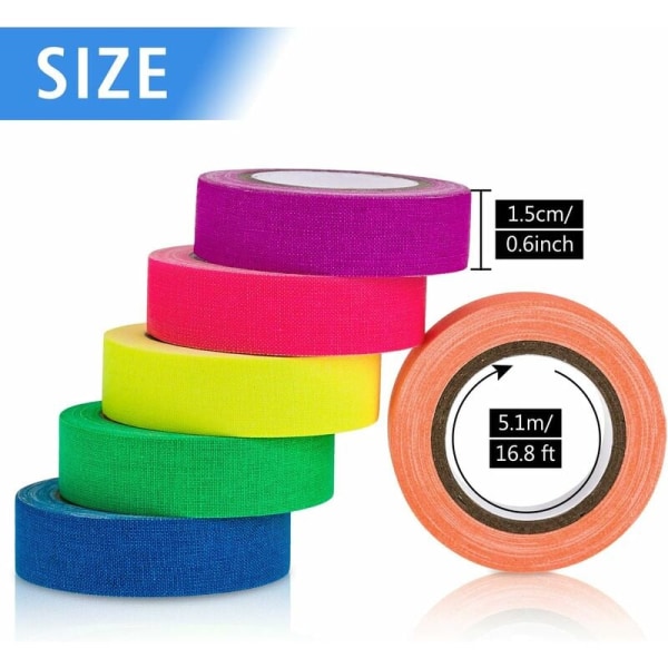 6 farver neon gaffer stoftape, UV sort lys glød i mørket fluorescerende tape til UV-fest (0,6 tommer x 16,5 fod)