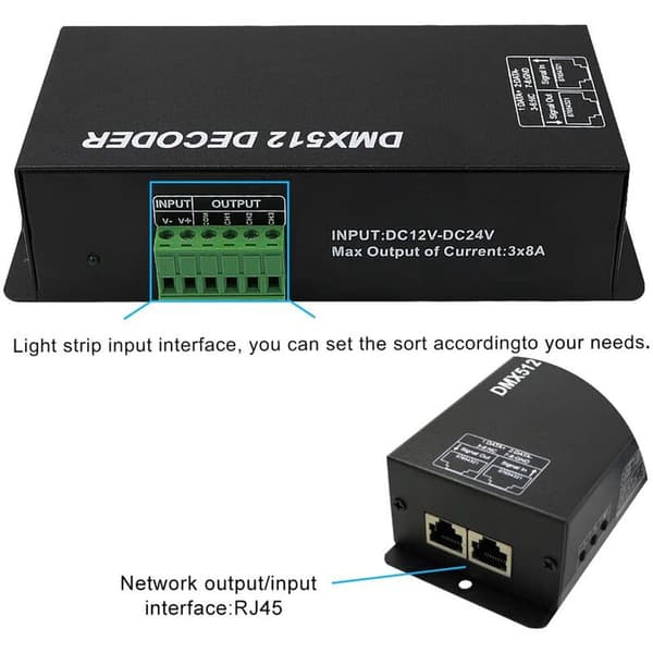 Høy effekt LED DMX-kontroller LED DMX 512 dekoder dimmer driver DC12V-24V for RGB LED-stripe eller lys (3 kanaler)