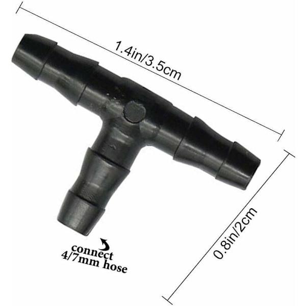 100 stk Tee Rørtilbehør 4/7mm - T-kobling PVC-kontakt Vanningsdrypp Atomiseringsdyse Mikrosprøyting Irrigasjonssamling for Slange Systemer Automatisk Verktøy