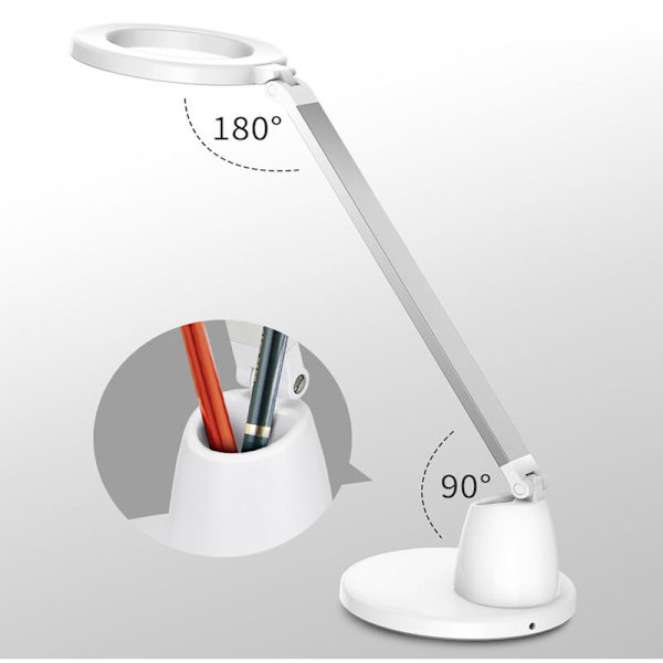LED-skrivebordslampe, øjenbordlamper, dæmpbar skrivebordslampe med USB-opladningsport, 7 lysstyrkeniveauer, trykkontrol, hvid, 9W
