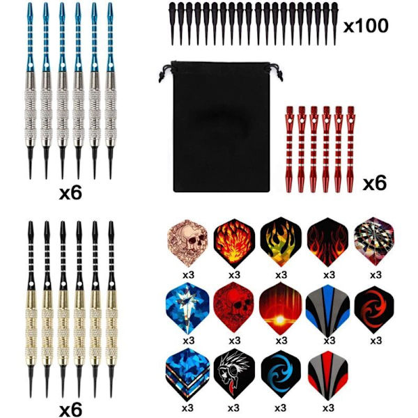 Plastspetsade Dartpilar [18g], Set med 12 Pilar för Elektroniska Dartspel (42 Fjädrar + 100 Spetsar + Extra 6 Aluminiumskallar)