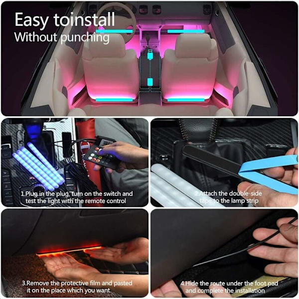 Auton LED-sisävalot 48 RGB-LED:tä Auton tarvikkeet Sisänauhat 4 kpl 6,2 m Bluetooth-sovelluksella LED-tunnelmavalaistus Autonauha USB-portti ja LED