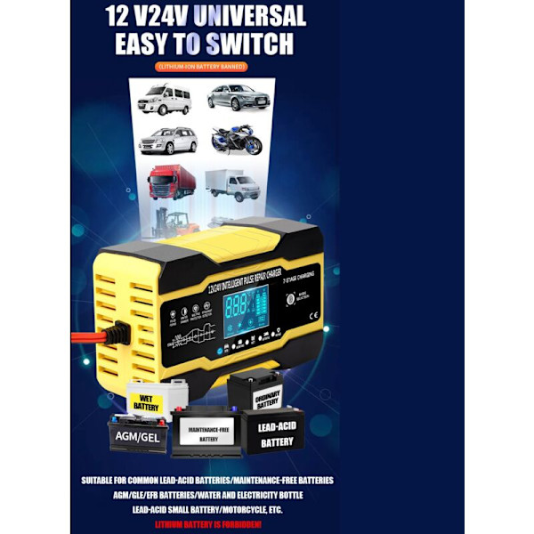 12V/10A 24V 5A Automaattinen älykäs auton akun laturi LCD-näytöllä Pulssin korjaus autoon, veneeseen, SUV:hen EU-pistoke