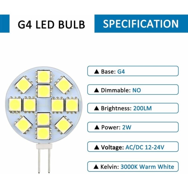 G4 LED-pære 2W, AC/DC12-24V, 200LM Varmt Hvit 3000K, 12x 5050SMD, tilsvarer 20W halogenpære, ikke-dimbar, G4 rund LED-pære for skapbelysning, Re