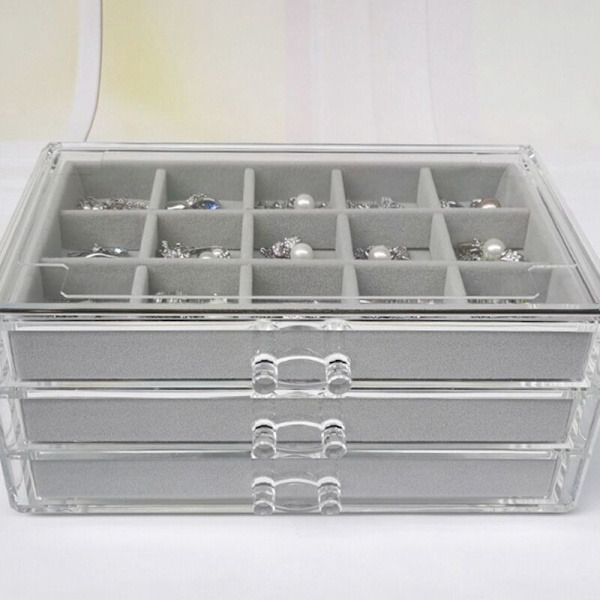 Akryl Flannel Opbevaringsboks Multi-Frame Tre-Design Afslutningsboks Halskæde Øreringe Ring Display Bakke