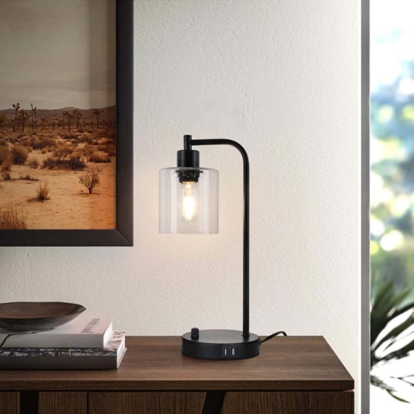 Sänglampa med USB port och AC-uttag, 3-vägs dimbar nattbordsbordslampa för vardagsrummet i sovrummet, inkluderar glasskärm och LED-lampa
