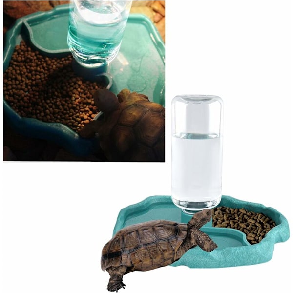 Reptil Vatten Dispenser, 2 i 1 Anti-Överflöd Mat Dispenser Skål, Plast Skål för Sköldpadda Gecko - Blå