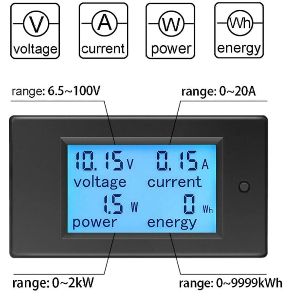 Voltmeter Amperemeter DC 6.5-100V 20A, Spændingsmåler Wattmeter Tester Spænding Strøm Effekt Energi Digital LCD Energimåler