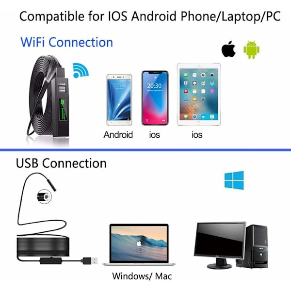 WiFi Endoskopkamera Endoskopisk Kamera Rørinspektionskamera HD 1200P med LED-lys til iPhone/Android/iOS Mobiltelefon/Windows/Mac/Tablet/PC (2M)