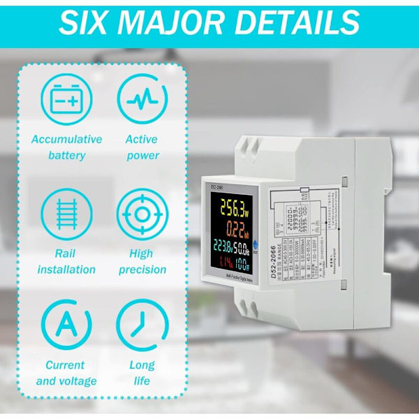 Enfasig Elektrisk Wattmätare, Digital Elmätare AC 40-300V 100A DIN-Skena Wattmätare KWh Voltmätare Amperemeter Multifunktionell Återställbar CT T