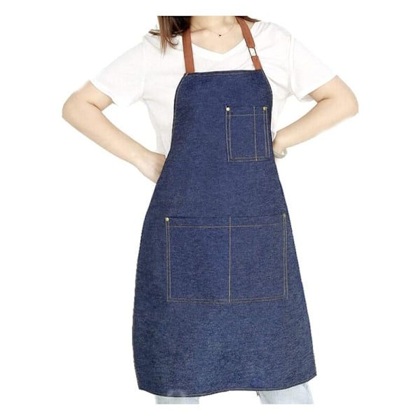 Forkle forkle i denim med justerbar unisex-design og flere lommer for matlaging, håndverk, matlaging, dyp blå