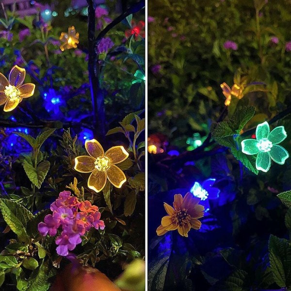 2 stk. serie solcellelamper udendørs dekoration, solcellelamper til haven, flerfarvede solcellelyskæder, 20 LED kirsebærblomsterlanterner
