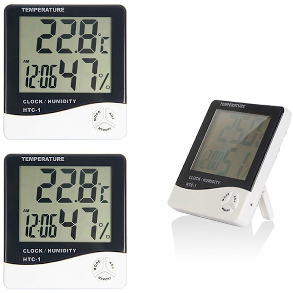 3-pack stort LCD-termometer med temperatur, klocka, hygrometer, väder och luftfuktighet för hem och kontor