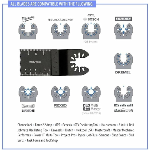 Sats med 20 trä/bimetall universella multiverktyg oscillerande snabbspännsågblad oscillerande verktyg