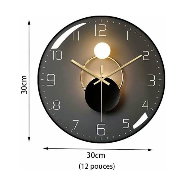 Moderne lydløse vægur, 30 cm diameter vægur, rund digital kvartsur, velegnet til stue, kontor, soveværelse, køkken (sort)