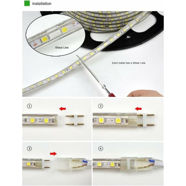 LED-stripe, Vanntett LED-stripe, Lyssterk LED-stripe 220v, 5050 IP65 Vanntett LED-stripe, Varmt Hvit (6m)