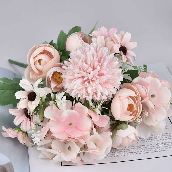 Kunstig Buket 2 Stykker Kunstige Roser Pioner Hortensiaer Nellik Kunstige Blomster Blomsterarrangementer