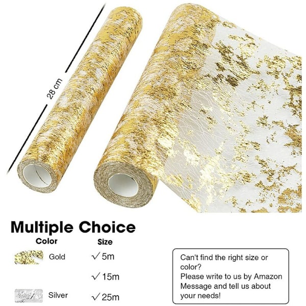 Bord, gnistrande polyester tyll rulle med guldfolie, jul bröllop födelsedagsfest dekoration 28cm x 5m