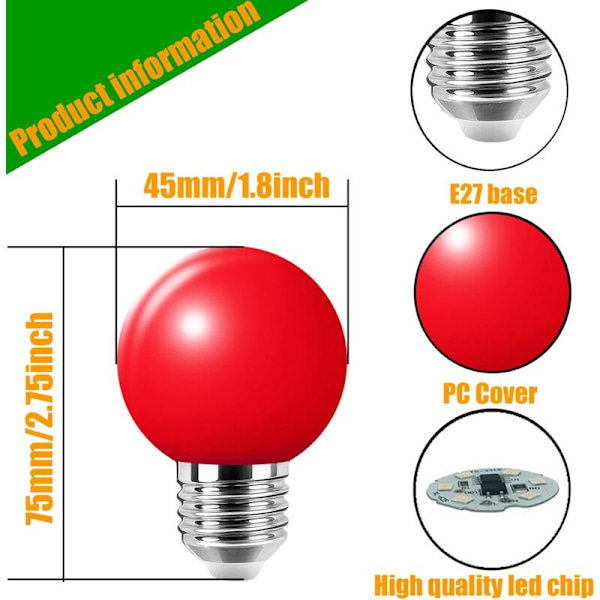 20 st 3W E27 färgade glödlampor, enfärgade LED-lampor, 100LM jullampa 220V fest små färgade bubblor, 180° LED-lampa (4 per färg)