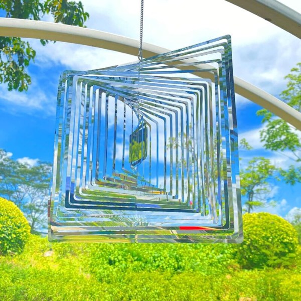 3D Vindspinnare Rostfritt Stål Inomhus Utomhus Dekoration Fest Kinetisk Trädgårdsdekorationer 3D Hantverk Metallprydnader 9,8 Tum 3D Kvadratmönster Hängande