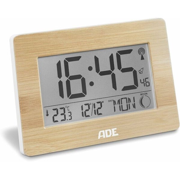 Radiostyrd klocka Digital klocka med DCF-tidssignal, äkta bambuhölje, LCD-skärm, termometer, väckarklocka och kalender. Inklusive batteri, 2