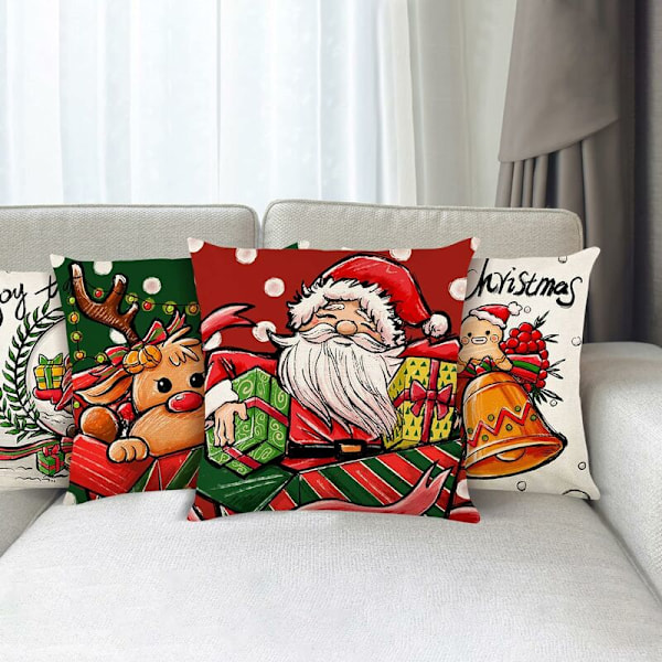 Julepuderbetræk 45x45cm, Sæt af 4 Juledekorationer til Sofa i Bomuld og Hør til Sofa, Seng, Soveværelse, Stol, Have - Glædelig Jul