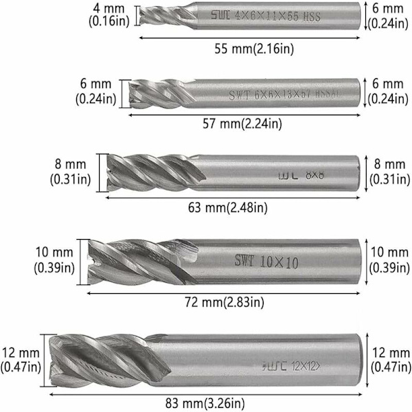 5 kpl 4/6/8/10/12 mm 4-huiluisen suoran varren päätyjyrsin HSS-teräksestä valmistetut terät