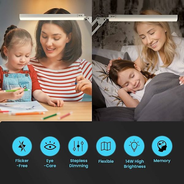 LED-pöytälamppu, 14W Taitettava Arkkitehdin Pöytälamppu Leukojen kanssa, 10 Kirkkausastetta x 3 Väritilaa, Säädettävä Pöytälamppu, Silmien Suojaus (Virta-adap