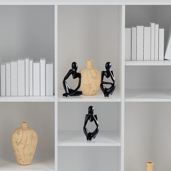 Skulptur Dekoration, Set med 3 Abstrakta Konstfigurer, Staty Dekoration för Vardagsrum, Bokhylla, Matbord, Kontor (Svart)