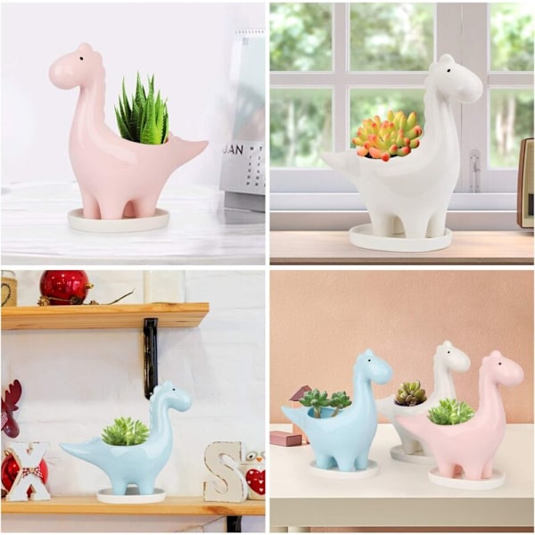 Keramisk Sukkulentkruka med Fat, Dinosaurieformad Kaktusblomkruka, Mini Inomhusväxtkruka Presentdekoration för Hem Kontor Bonsai Planterbehållare-
