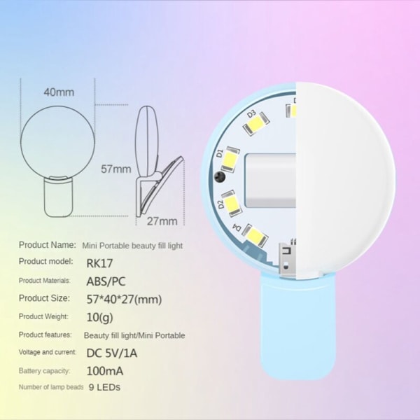 Mobile Phone Fill Flash Lens Lamp Clip Three Stop Dimming Mini Durable Practical 10 LED Selfie Ring Beauty,Blue