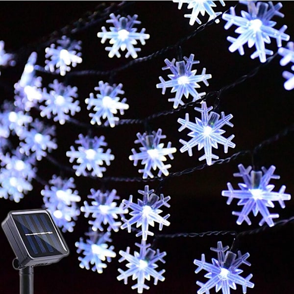 Solcelled Julelysstreng 50 LED 8 Moduser Kald Hvit Fe-lysstreng Snøflaggdekorasjoner for Utendørs Hage Feriefest Patio Yard Christ