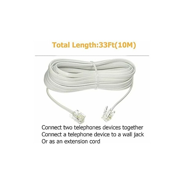 RJ11 Telefonkabel Modulärt Kabel Western Cable RJ11-RJ11 Platt Kabeluttag Telefonuttag Modem Router Fax ISDN DSL VDSL Internet Vit (10m)