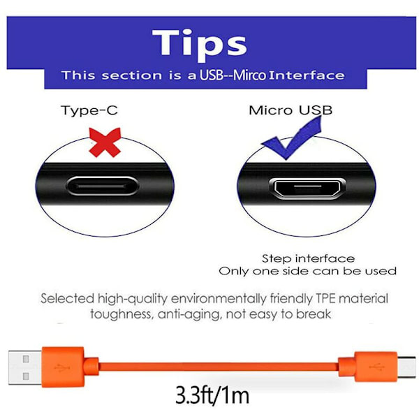 Ersättningskabel för USB-laddning för Ring Video Doorbell 2/3/Plus/4 (2020-utgåvan) Strömledning, Dörrklocka 2 3 Kamera Batteriladdningskabel (Orange)-