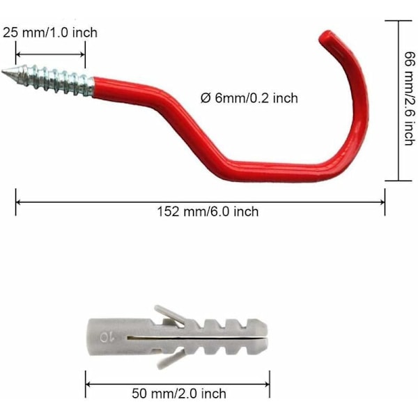 Cykelupphängningskrokar - Extra starka - Belagd plast för vägg- eller takmontering - Röd, Röd