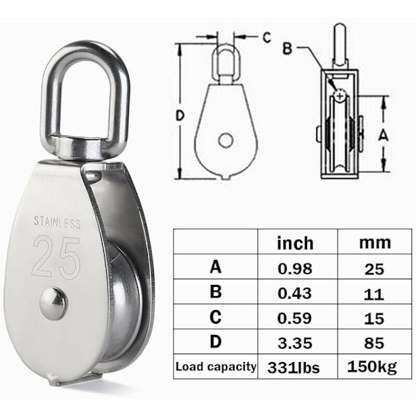 4 stk. M25 enkelt remskiveblok, 304 rustfrit stål remskive rulle, kran drejelig krog glat wire reb kabel belastning 331Lbs/150Kg