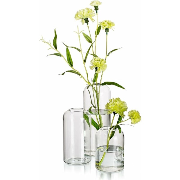 Glasvaser för blommor - Små moderna munblåsta glasvaser för mittpunkter, set om 3, miniklara blomvaser i bulk (blomma ingår ej)