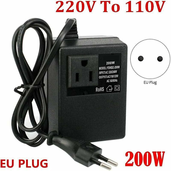 Jännite muuntaja, 220V - 110V muuntaja, 200W, euroliitin, alennettuun jännitteeseen.
