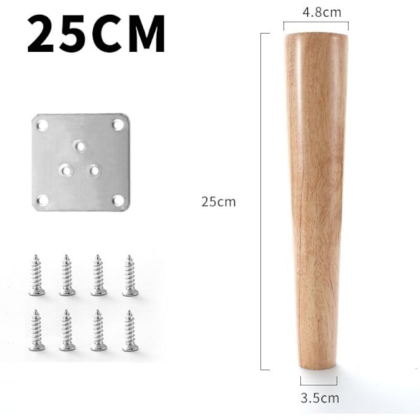 25cm Träbordben Set om 4 Koniska Sneda Massiva Trä Möbelben med Monteringsplattor och Skruvar för Soffa Säng Skåp Soffa Stol (Vertikal)
