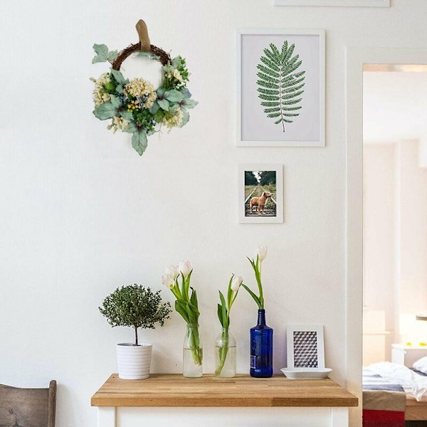 Forårskrans Kunstig Hortensia Krans til Alle Sæsoner Rund Krans til Fordør Væggen Vindue Bryllup Fest Dekoration