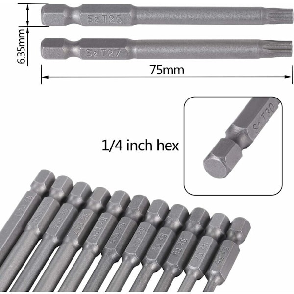 11 stk. 75 mm Torx skruetrækkerbitsæt S2 stål magnetisk sekskantfatning T6 T7 T8 T9 T10 T15 T20 T25 T27 T30 T40 - Impact Torx skruetrækkerbits til lang