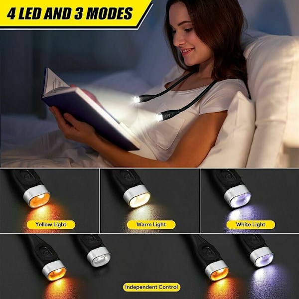 Flexibel LED-läslampa för nacke, Läslampa för nacke, Uppladdningsbar läslampa med 4 LED-lampor i 3 färger, Ögonskydd, Boklampa med mycket lång flex