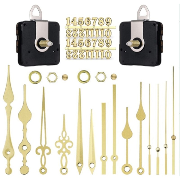 2 st Mekanism Kit Rörelse Kvarts Tyst Väggklocka med Gyllene Visare och Arabiska Siffror DIY Reparation Ersättning 18mm