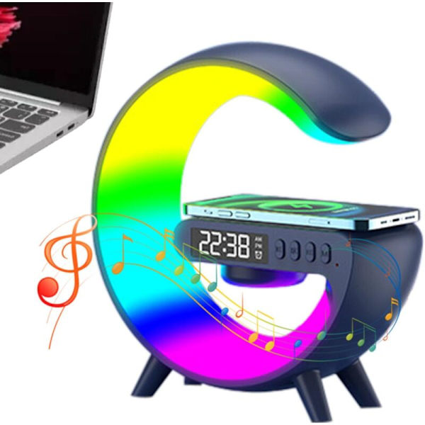 LED Natlampe Bord Stemningslamper Trådløs Oplader Bluetooth Højttaler Lampe G Form Musiklampe Timer Alarmur RGB Farveskiftende Stemningslampe