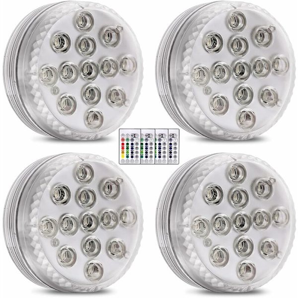 Nedsänkbara LED-lampor, 4-pack Vattentäta LED-lampor med fjärrkontroll RGB Färgväxlande Dammbelysning Dekoration för Vasbas, Simbassäng, Akvarium