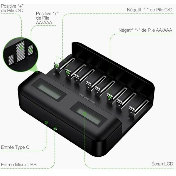 8-paikkaisen nopea LED-universaali akun latauslaite, akun latauslaite AA/AAA/C/D NI-MH NI-CD ladattaville akuille USB-portin kanssa